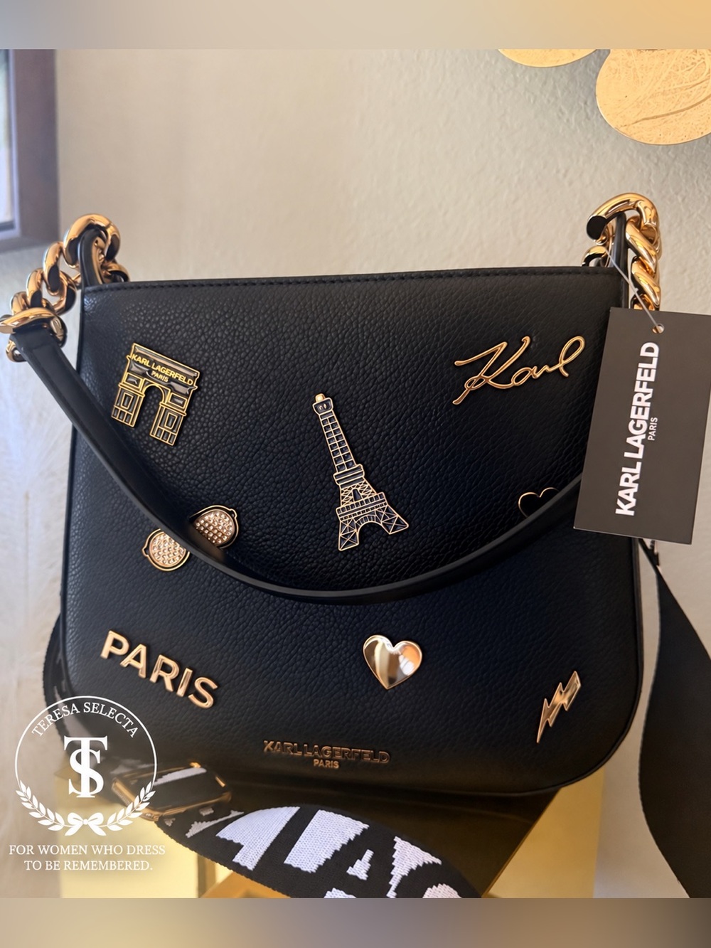 NWT Karl Lagerfeld Paris Black Gold Charm Shoulder Crossbody Bag